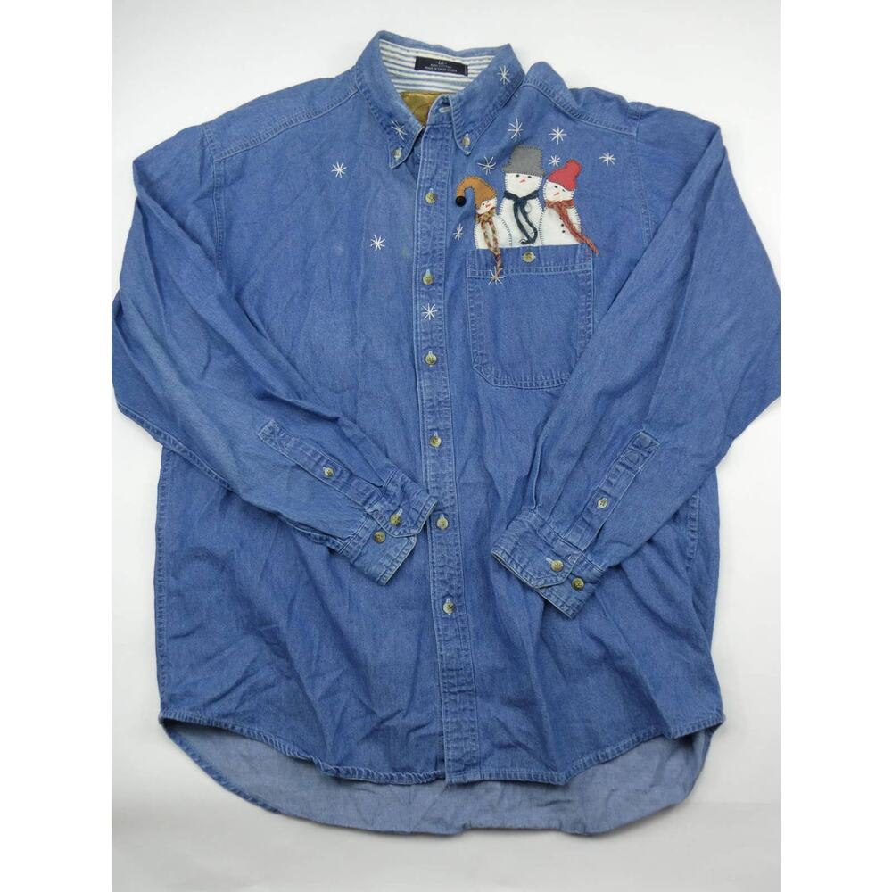 Blanche, St. Paris, Ohio, embroidered snowman denim shirt, large